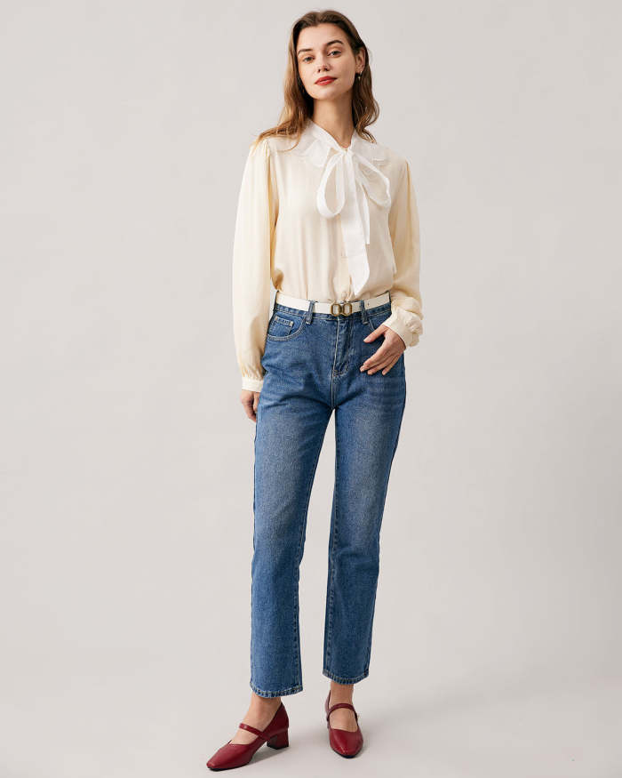 The Apricot Tie Neck Puff Sleeve Spliced Blouse