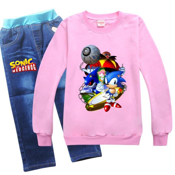 Sonic The Hedgehog Print Girls Boys Pullover Hoodie Jeans Outfit Sets