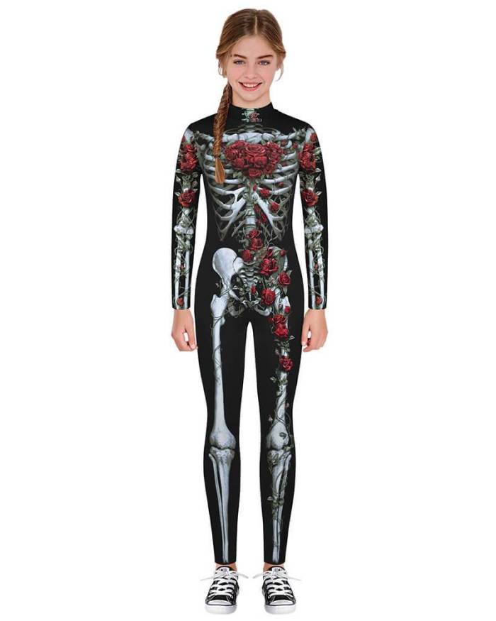 Girls Boys Rose Skeleton Catsuit Kids Halloween Party Costume