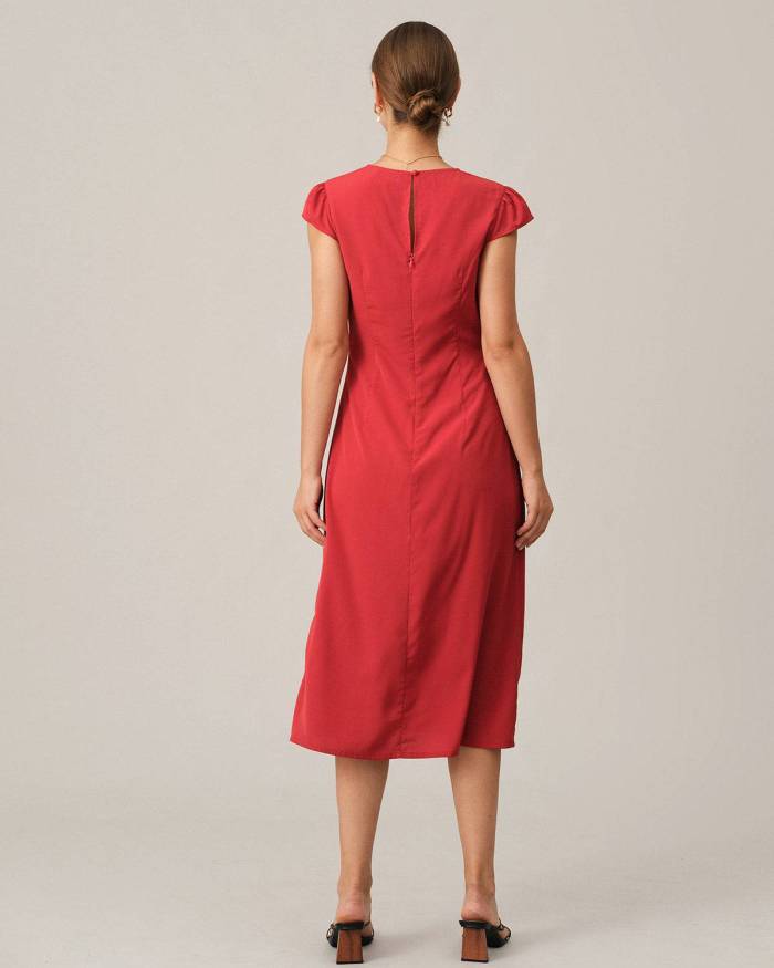 The Solid Ruched Side Split Midi Dress