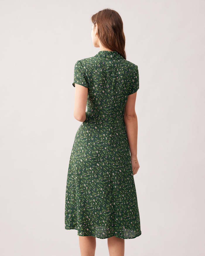 The Green Lapel Button Up Floral Midi Dress