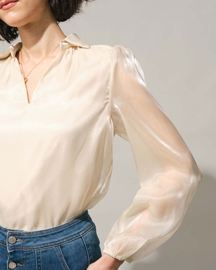 The Beige Collared Sheer Sleeve Blouse