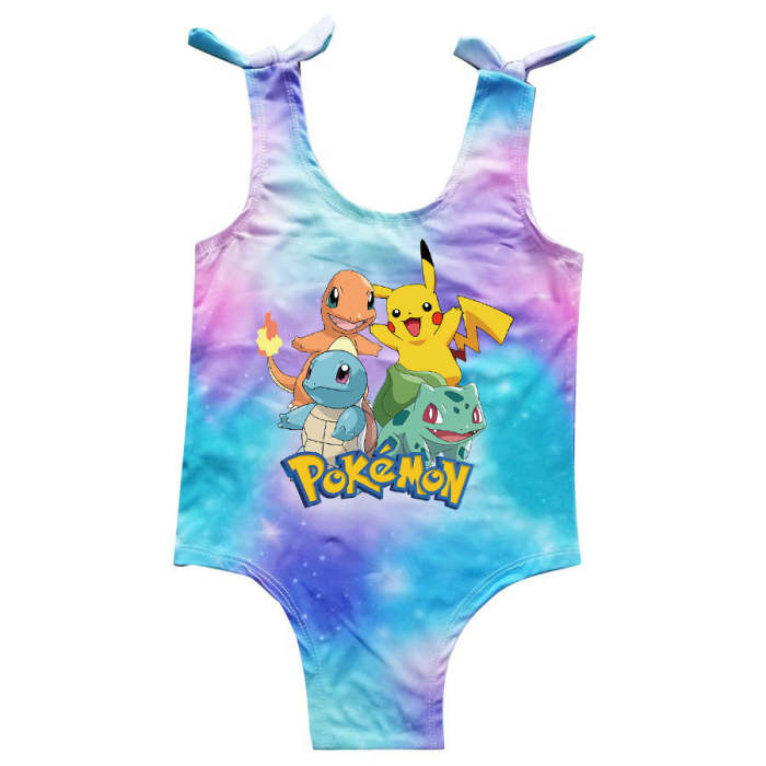 Little Girls Pikachu Pokemon Print Frill One Piece Rainbow Swimsuit