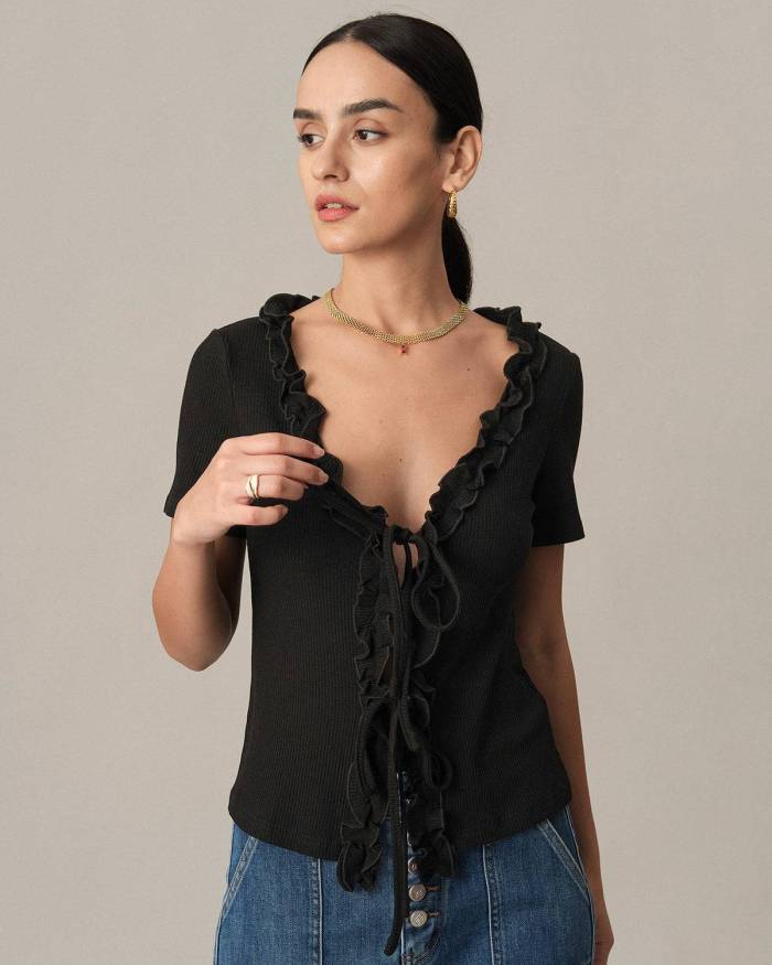 The V Neck Open Front Tie Ruffle Tee