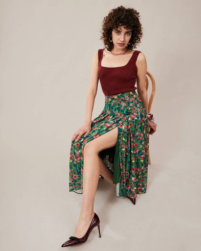 The Green Pleated Floral Skirt