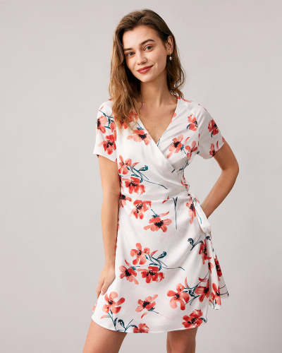 The V Neck Floral Short Sleeve Wrap Mini Dress