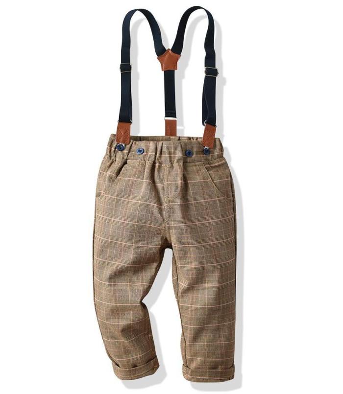 Boys Blue Bow-Tie Cotton Shirt And Checked Suspender Pants Outfit Set