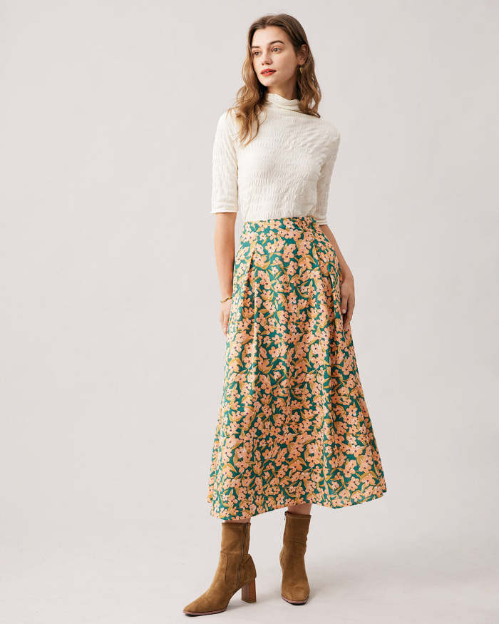 The High Waisted Floral Pleated Midi Skirt