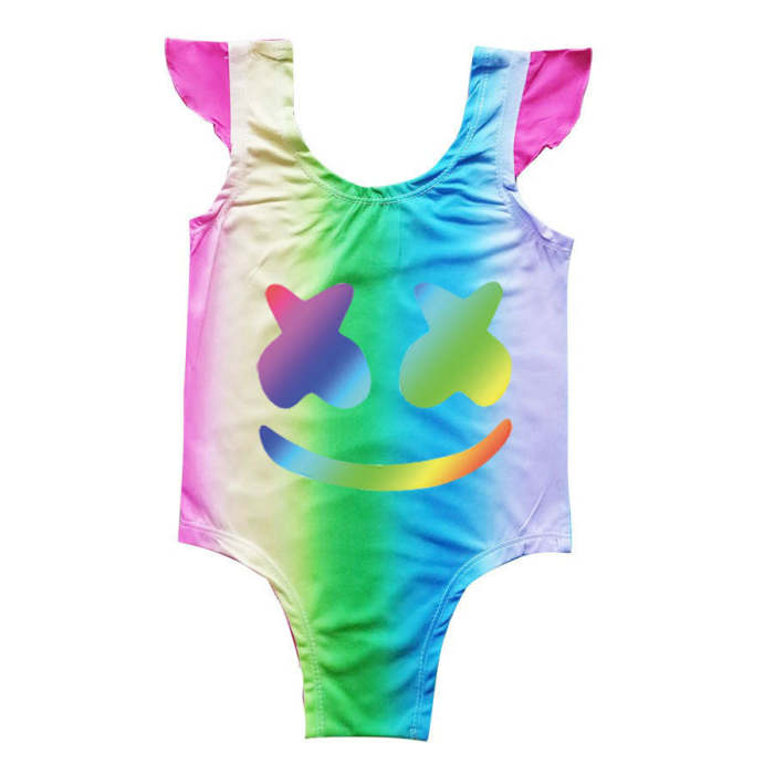 Little Girls Marshmello Print Frill Sleeve Rainbow One Piece Swimsuit