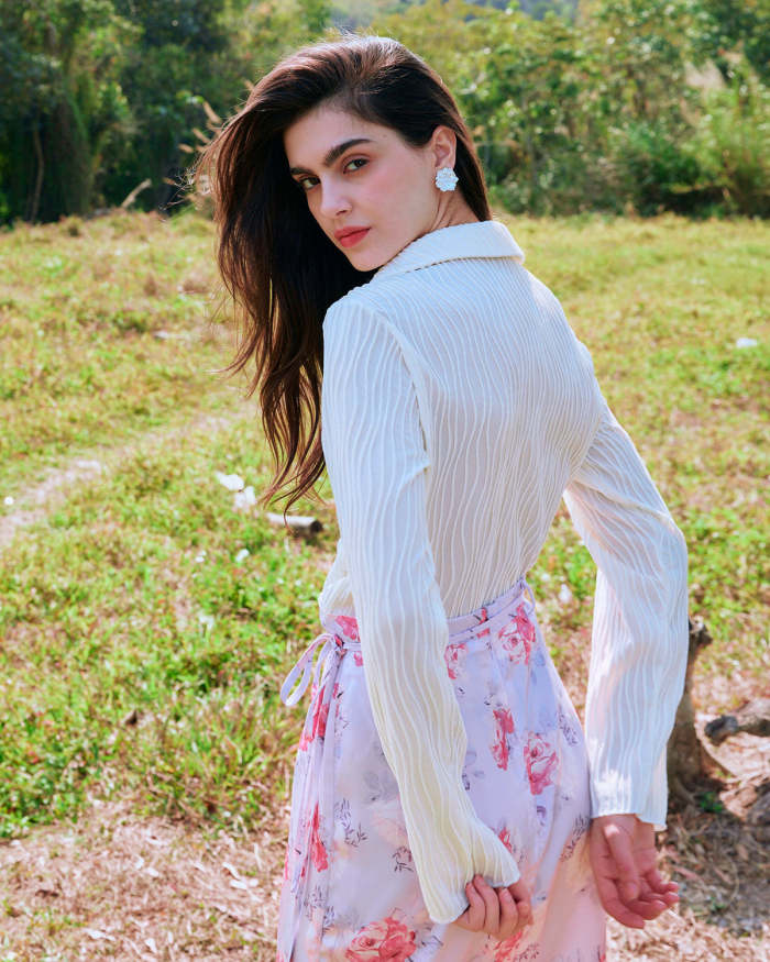 The Beige Water Ripple Textured Long Sleeve Blouses