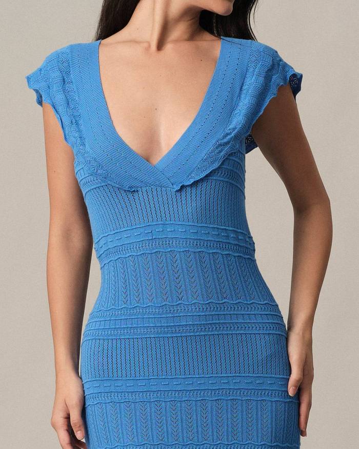 The Blue Ruffle Bodycon Knit Midi Dress