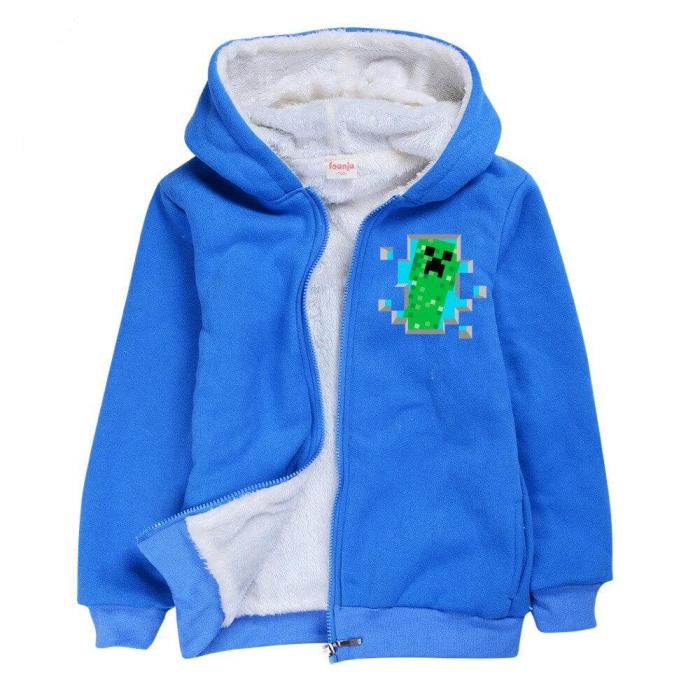 Minecraft Print Boys Blue Zip Up Fleece Lined Winter Cotton Hoodie