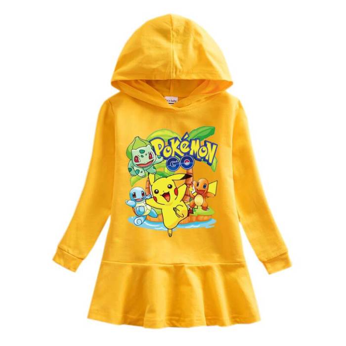Pokemon Detective Pikachu Print Girls Long Sleeve Hooded Frill Dress