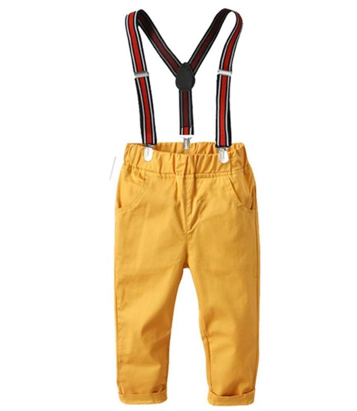 Green Cotton Shirt With Bow Tie And Yellow Suspender Pants Boys Outfit