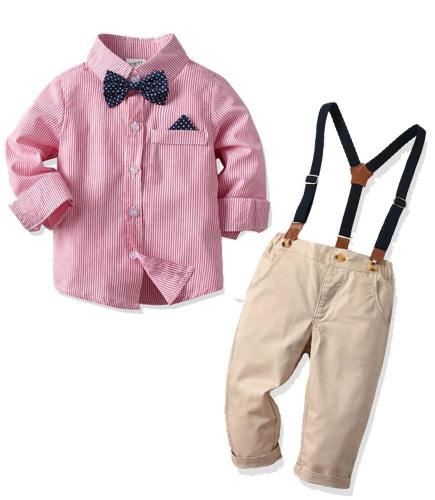 Boys Outfit Set Pink Cotton Shirt With Bow Tie N Khaki Suspender Pants