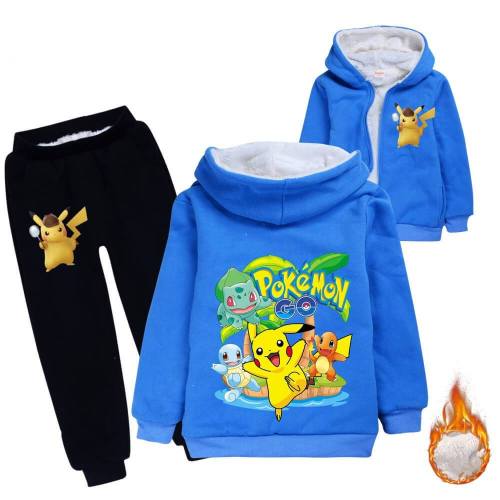 Pikachu Print Girls Boys Fleece Lined Cotton Hoodie N Sweatpants Suit