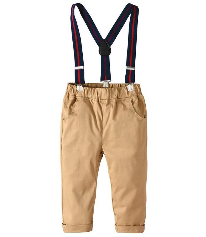 Blue Stripe Cotton Shirt With Red Bow Tie Suspender Pants Boys Outfit