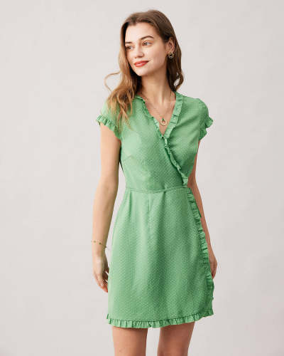 The Green V Neck Polka Dot Ruffled Wrap Mini Dress