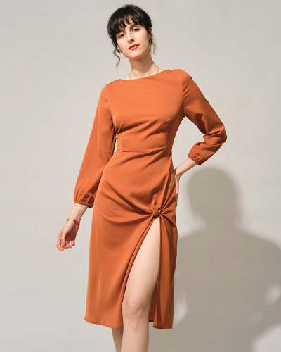 The Orange Boat Neck Long Sleeve Slit Midi Dress