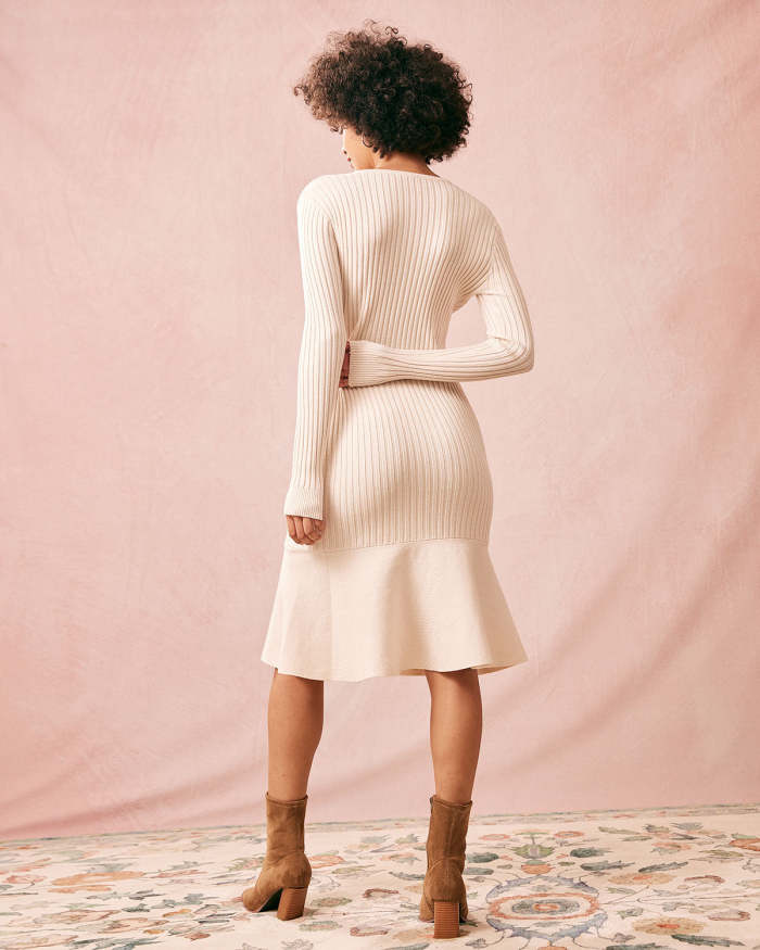 The Beige Knitted Long Sleeve Bodycon Midi Dress