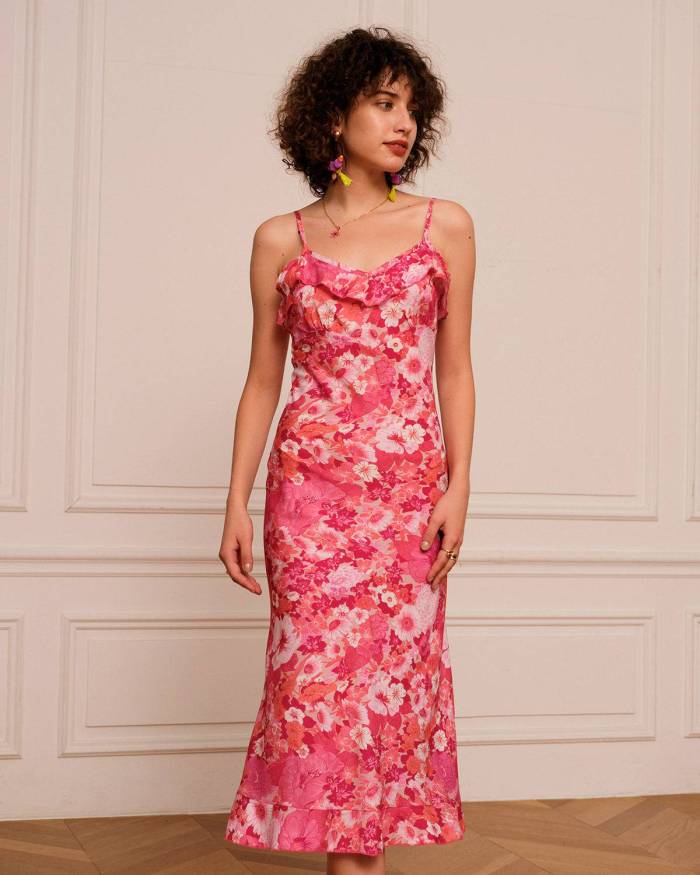The V Neck Ruffle Floral Midi Dress