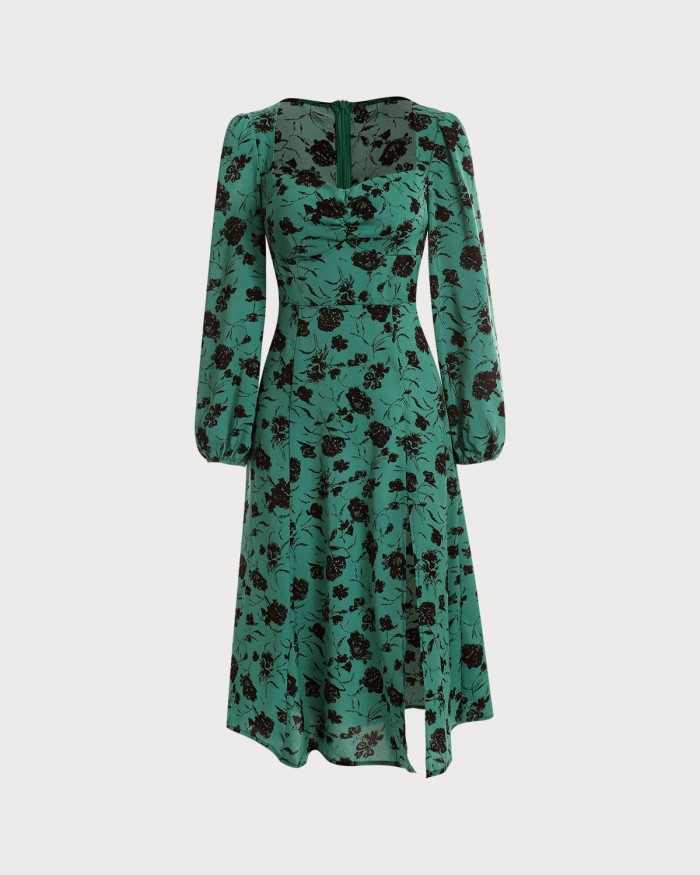 The Sweetheart Neck Floral Long Sleeve Midi Dress
