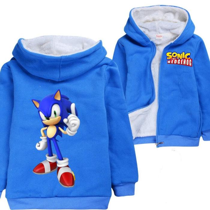 Boys Sonic The Hedgehog Print Blue Zip Up Fleece Lined Cotton Hoodie