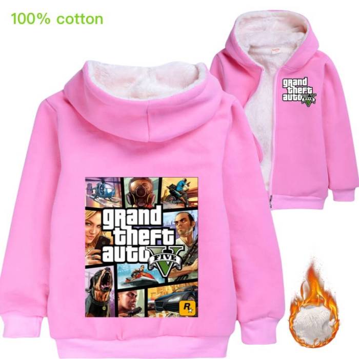 Grand Theft Auto V Gta5 Print Girls Boys Zip Up Lined Cotton Hoodie