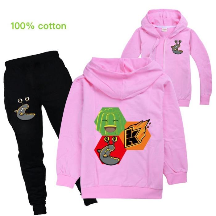 Green Jelly Slogoman Print Girls Boys Zip Up Hoodie And Sweatpants Set