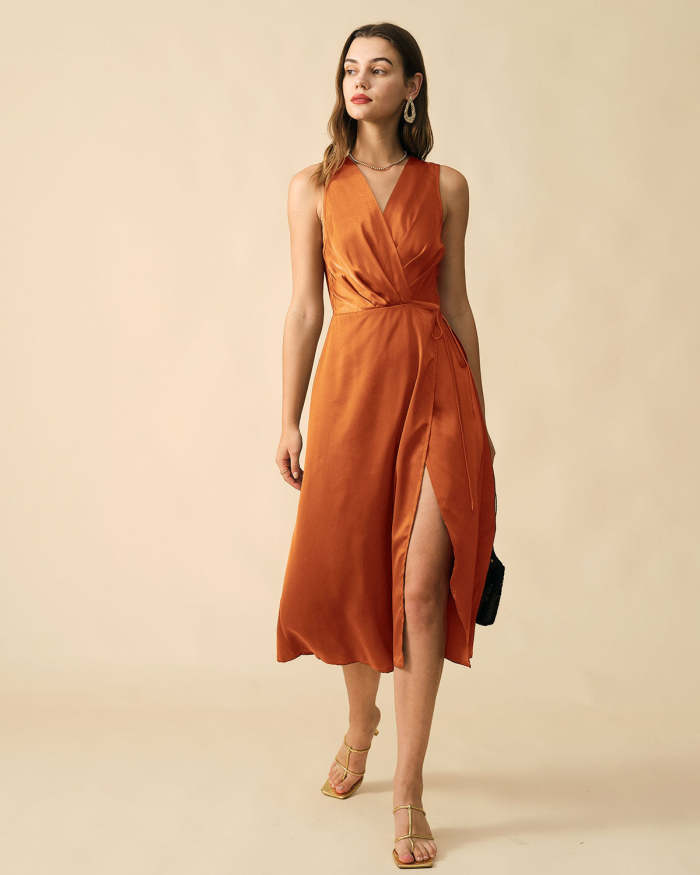 The Orange Sleeveless Wrap Midi Dress