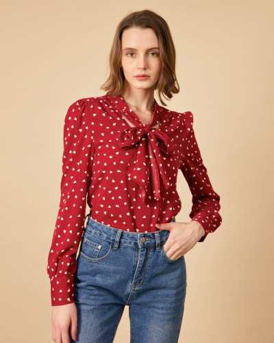 The Red V Neck Puff Sleeve Bowknot Blouse