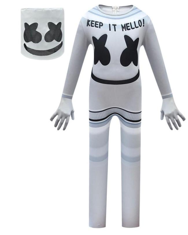 Girls Boys White Dj Marshmello Bodysuit Unitard Kids Halloween Costume