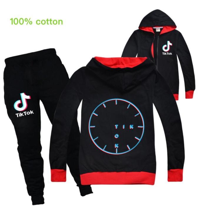 Clock Tik Tok Print Boys Girls Cotton Zip Up Hoodie And Sweatpants Set