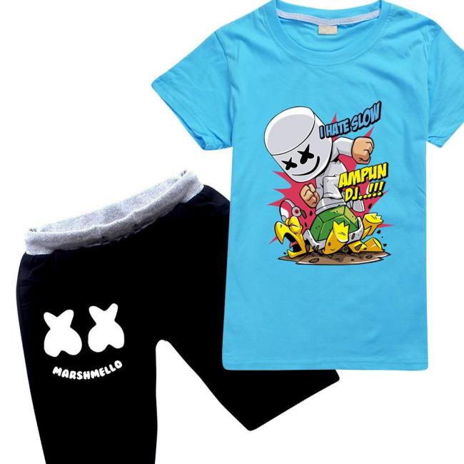 Ampun Dj Marshmello Print Boys Girls Cotton T Shirt Black Shorts Suit