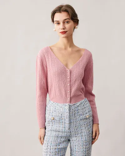 The Pink V Neck Pointelle Knit Cardigan