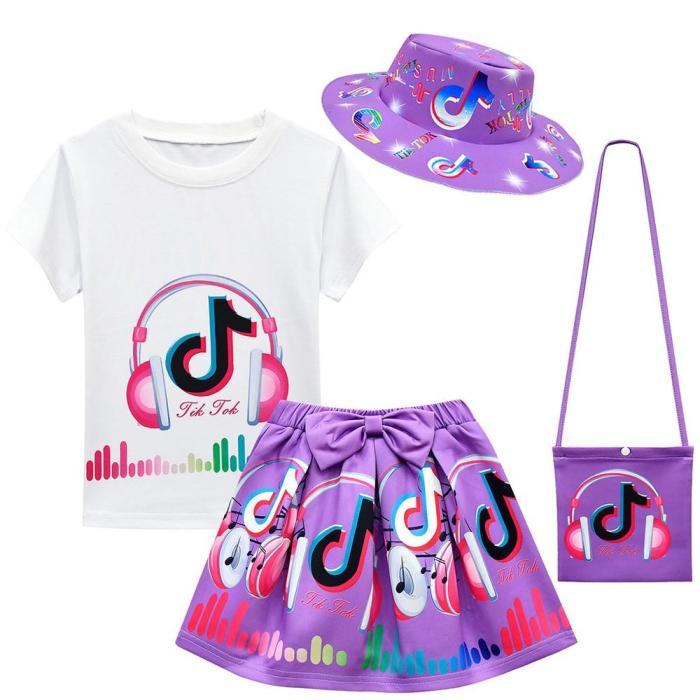 Girls Tik Tok Print T Shirt Hat Bag And Skirt Suit Set Summer Costume