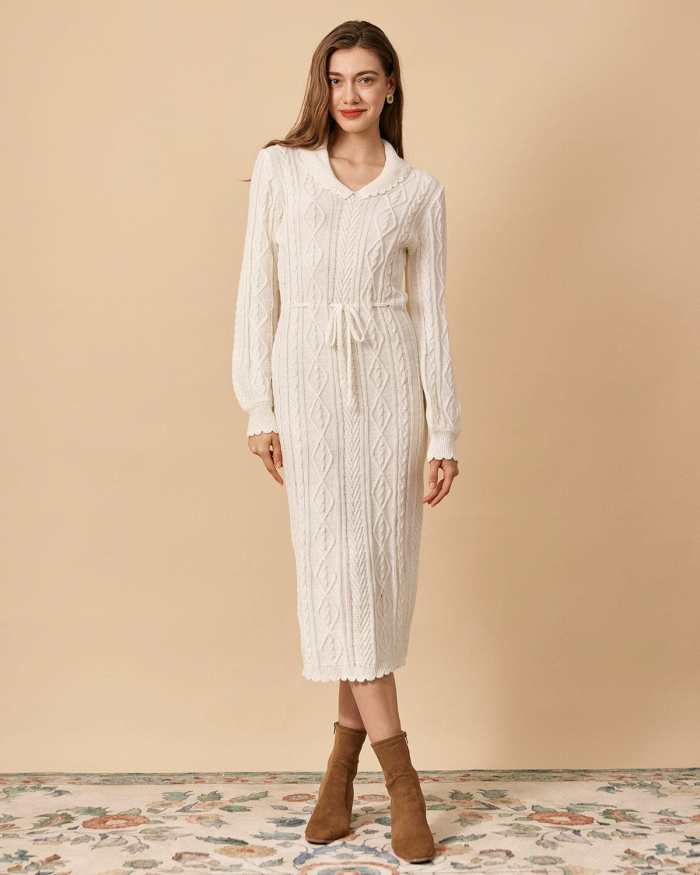 The Beige Lapel Cable Long Sleeve Sweater Dress