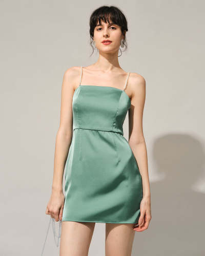 The Green Pearl Strap Satin Mini Dress