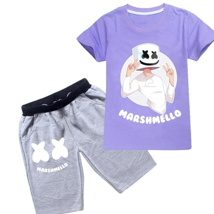 Yeah Dj Marshmello Print Boys Girls Cotton T Shirt N Grey Shorts Suit