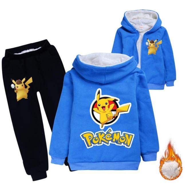 Girls Boys Pikachu Print Fleece Lined Cotton Hoodie N Sweatpants Suit