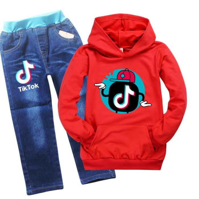 Boys Girls Cool Tik Tok Print Kids Hoodie And Jeans Suit Outfit Sets