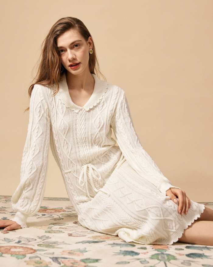 The Beige Lapel Cable Long Sleeve Sweater Dress