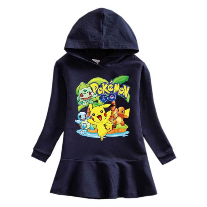 Pokemon Detective Pikachu Print Girls Long Sleeve Hooded Frill Dress