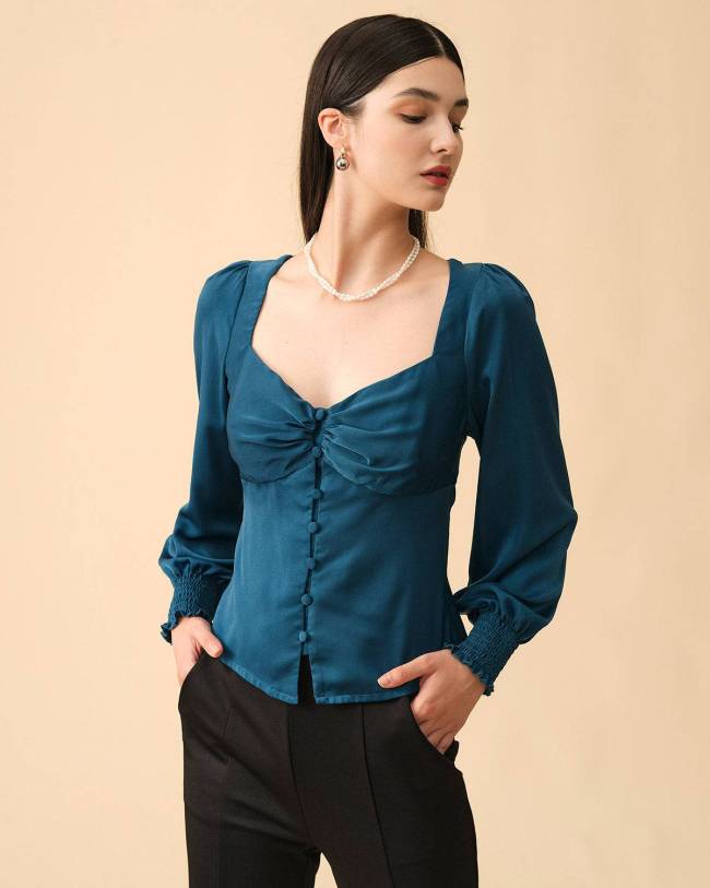 The Solid Color Shirred Button-Up Blouse