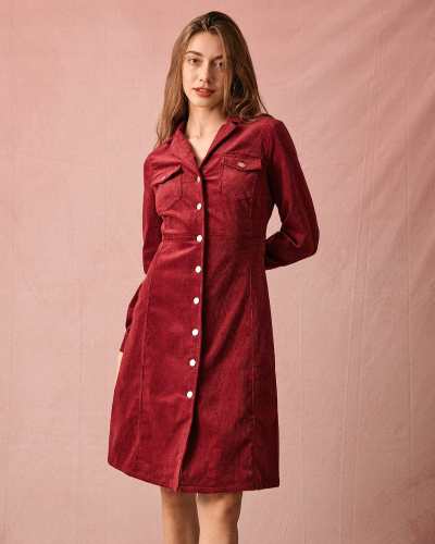 The Collared Long Sleeve Corduroy Midi Dress