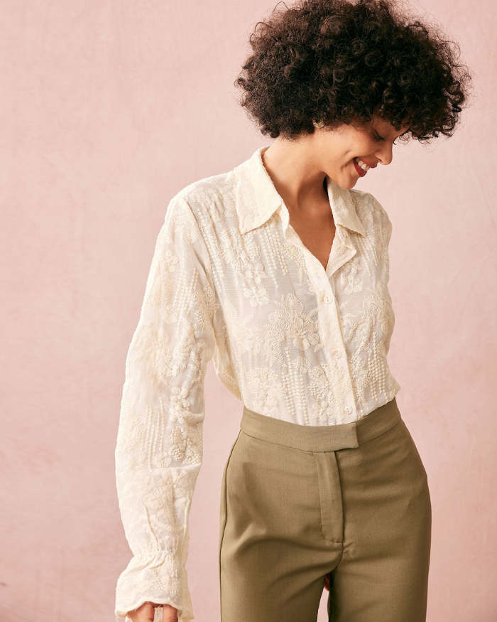 The Beige Lapel Embroidery Long Sleeve Blouse
