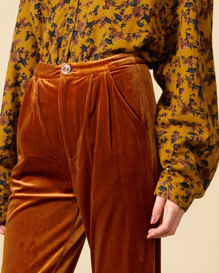 The Solid Pleated High Waisted Velvet Pants