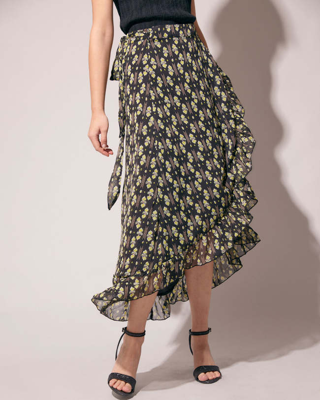 The Black High Waisted Floral Ruffle Wrap Midi Skirt