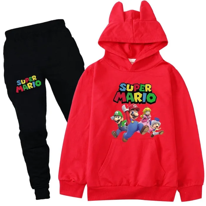 Super Mario Bro Print Girls Boys Cotton Hoodie Pants Sets Long Outfit