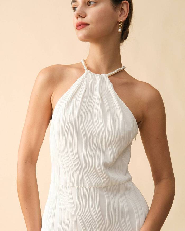 The Water Ripple Textured Pearl Halter Dress